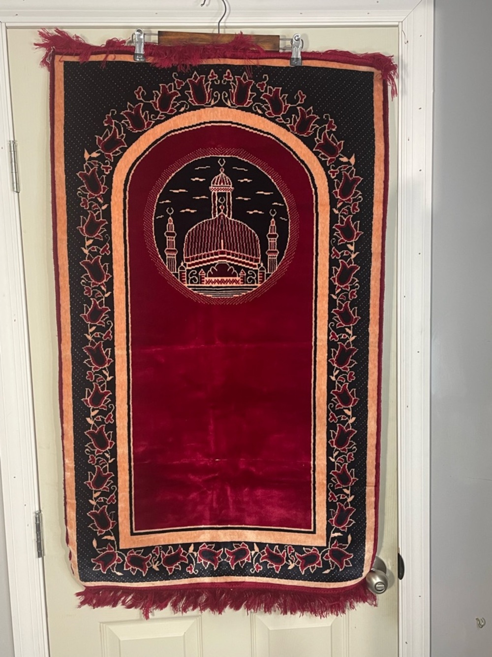 Prayer Rug SUTEKS MENSUCAT Turkish Red Velvet Mosque 42”x25”Soft Fringe